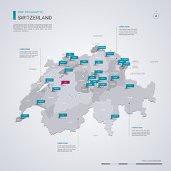 Switzerland vector map with infographic elements, pointer marks.