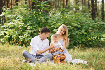 Fototapeta premium Happy young family spends time together in nature. Picnic in the forest