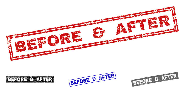 Grunge BEFORE & AFTER rectangle stamp seals isolated on a white background. Rectangular seals with grunge texture in red, blue, black and gray colors.