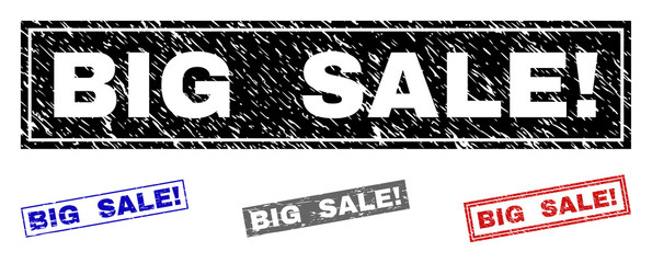 Grunge BIG SALE! rectangle stamp seals isolated on a white background. Rectangular seals with distress texture in red, blue, black and gray colors.