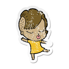 distressed sticker of a cartoon pretty hipster girl
