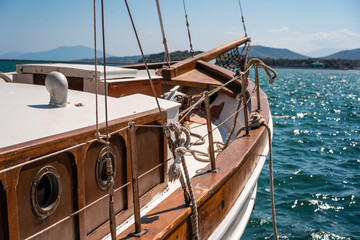 Photo of an old wooden boat, close view