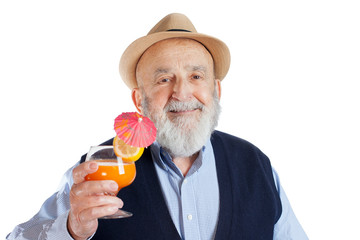 Fototapeta premium happy old man celebrating with a cocktail drink isolated on white background