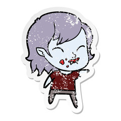 distressed sticker of a cartoon vampire girl with blood on cheek