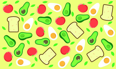 Vector pattern with avocados, tomatos, eggs, toasts and green leaves. Yellow background.