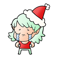 gradient cartoon of a crying elf girl wearing santa hat