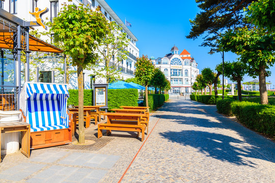 BINZ, RUEGEN ISLAND - MAY 29, 2018: historical villa buildings in Binz summer town on Baltic Sea coast, Germany. Ruegen is popular tourist destination because of its resort architecture.