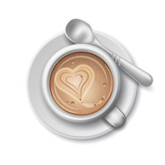 White Cup of coffee with heart. Spoon on a saucer. Vector realistic illustration. Flat Lay view.