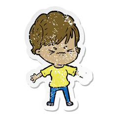 distressed sticker of a cartoon frustrated woman