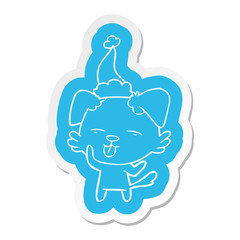 cartoon  sticker of a dog sticking out tongue wearing santa hat