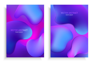Vertical banners set with 3D abstract background with blue and purple wave motion flow, fluid gradient shapes. Futuristic design posters.