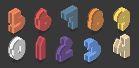 Set of ten isometric numbers from zero to nine. Vector 3d number plastic design.