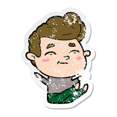distressed sticker of a happy cartoon man sitting