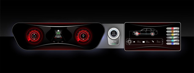 The concept car instrument panel, red backlight and a additional display settings of the car. Engine start and auto start button. Vector illustration.