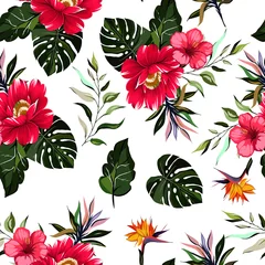 Deurstickers tropische roze bloem met bladeren Naadloos patroon © DNZ CreativeDesign