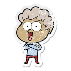 distressed sticker of a cartoon happy man