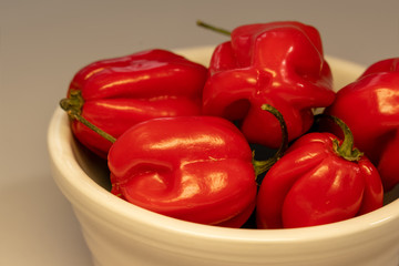 Close up of ripe Caribbean red Habanero hot chili peppers in bowl.