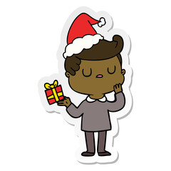 sticker cartoon of a man wondering wearing santa hat