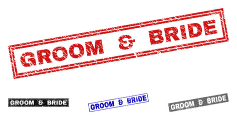 Grunge GROOM & BRIDE rectangle stamp seals isolated on a white background. Rectangular seals with grunge texture in red, blue, black and gray colors.