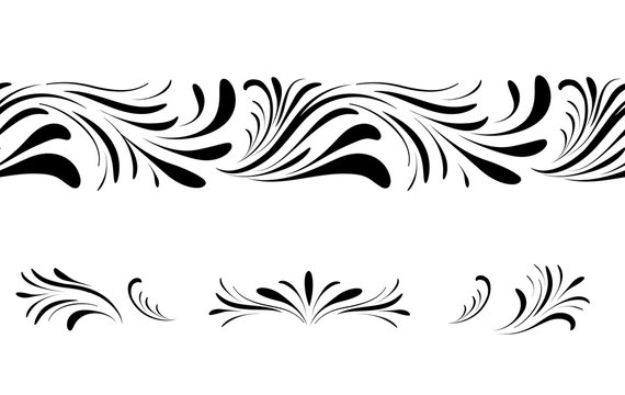 Swirl floral seamless pattern design element set. Ornamental flourish border over white  background.