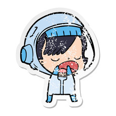 Obraz premium distressed sticker of a cartoon astronaut woman explaining