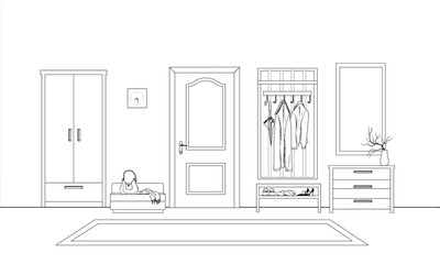 Home hallway interior view with door. Modern room with hall furn