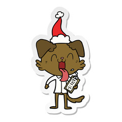 sticker cartoon of a panting dog with clipboard wearing santa hat