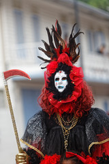 Grande demoiselle à plumes le mardi gras au carnaval de Cayenne en Guyane française