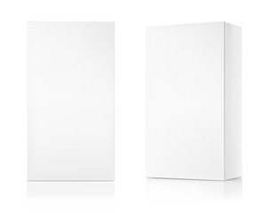Realistic cardboard box mockups. Front and perspective view. Vector illustration isolated on white background. Can be use for food, medicine, cosmetic and other. Ready for your design. EPS10.	