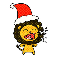 comic book style illustration of a roaring lion wearing santa hat
