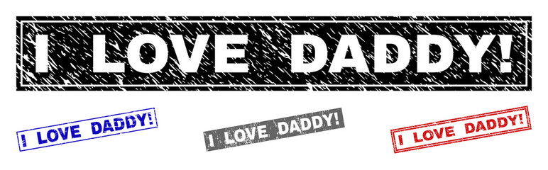 Grunge I LOVE DADDY! rectangle stamp seals isolated on a white background. Rectangular seals with distress texture in red, blue, black and grey colors.