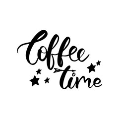 Vector hand lettering illustration. Coffee time. Calligraphy phrase with black stars. Design composition with typography elements.