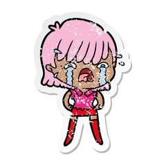 distressed sticker of a cartoon girl crying