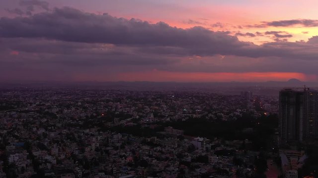 Sunset Evening Flight Over Bangalore Cityscape Aerial Panorama 4k India