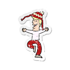 retro distressed sticker of a cartoon man wearing winter hat