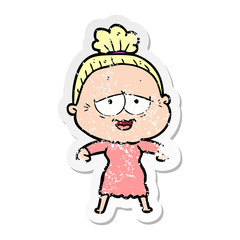 distressed sticker of a cartoon happy old lady