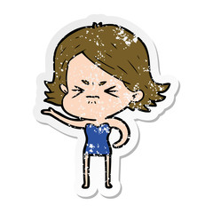 distressed sticker of a cartoon angry girl