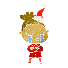 retro cartoon of a crying woman wearing santa hat