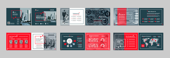 Brochure creative design. Multipurpose template with cover, back and inside pages. Trendy minimalist flat geometric design. Horizontal landscape a4 format.