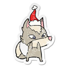 shy distressed sticker cartoon of a wolf wearing santa hat
