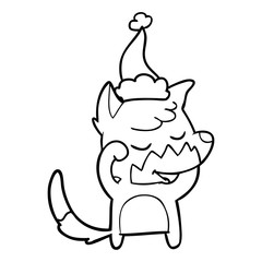friendly line drawing of a fox waking up wearing santa hat