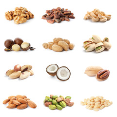 Set of different delicious organic nuts on white background