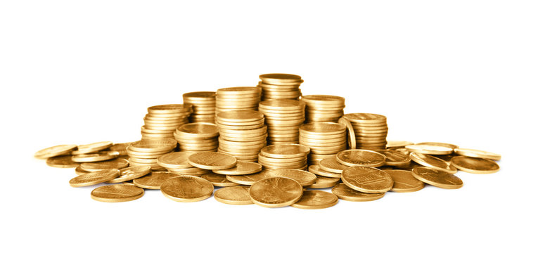 Many shiny gold coins on white background