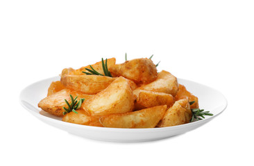 Plate with baked potatoes and rosemary on white background