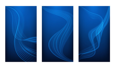 Set of vertical abstract color backgrounds with wavy blurred shapes. Screen wallpaper template is vibrant blue gradient. Vector illustration.