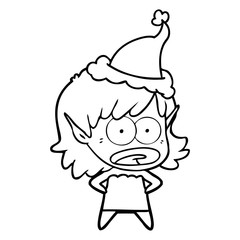 line drawing of a shocked elf girl wearing santa hat