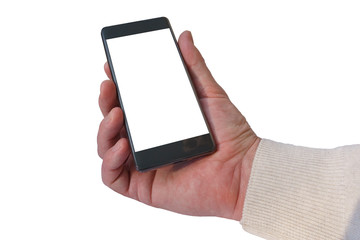 smartphone in a man's hand. Blank screen for the template. Isolated on white background.