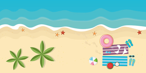 Fototapeta na wymiar beautiful day on the palm beach with beach utensils starfish flipflops bikini sunglasses watermelon and ball vector illustration EPS10