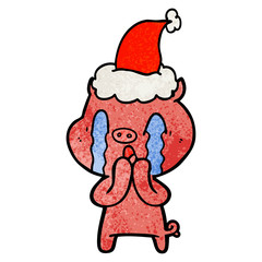 crying pig textured cartoon of a wearing santa hat