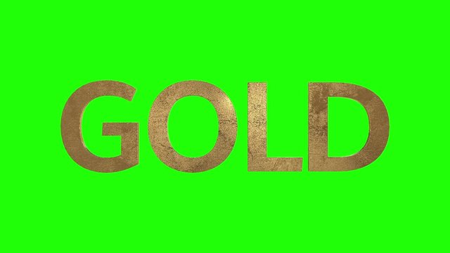 Removable green screen background with the word "Gold" easily editable, resizable, and can be placed in any scene. The gold texture has a sheen that moves across the word adding depth, and motion.